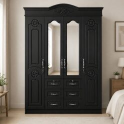 Black Four-Door Wardrobe with Mirrors Modern Affordable