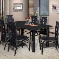 Glass dining table with 6 black chair - black leather seats