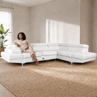 White Leather Corner Couch 3 Headrests Silver legs Stunning