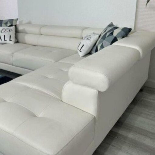 White Leather Corner Couch, Modern, Headrests, Sleek silver legs - Image 3