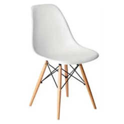 Plastic white dining chair with wooden legs