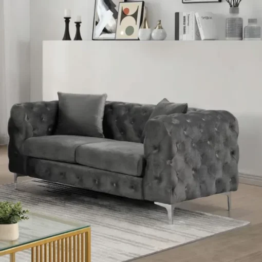 Grey velvet couch - 2 division - Chesterfield - Square arms