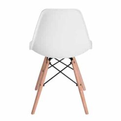 white plastic dining chair with wooden legs back view