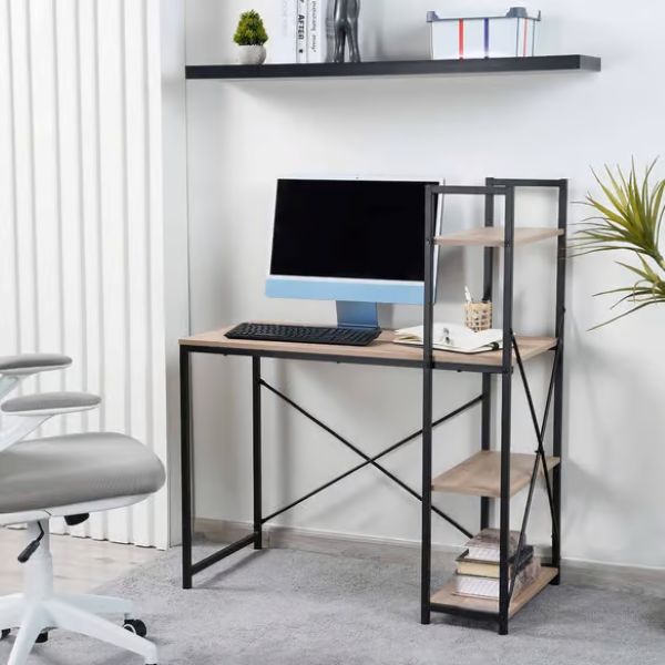 Desk With Bookshelf Brown workspace black metal structure - 5starfurniture.co.za