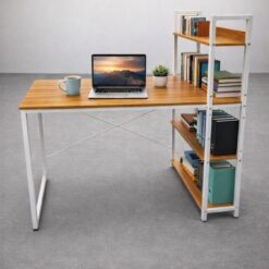 Desk With 4-Tier Bookshelf White metal structure with oak shelves