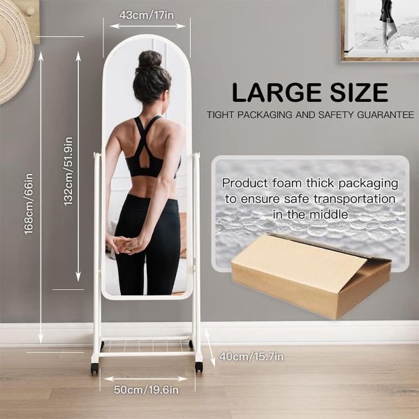 Mirror on wheels with storage, Full Length, White, Swivel, Storage - Image 2