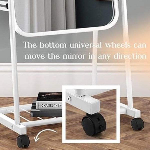 Mirror on wheels with storage, Full Length, White, Swivel, Storage - Image 3