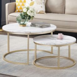 Coffee Table Set Marble look - White, round, Gold Leg - Lightweight - 5starfurniture.co.za