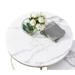 Alternative view of Coffee Table Set Marble look - White, round, Gold Leg - Lightweight