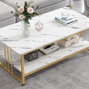 Simple, minimalistic design that is sturdy. Perfect for living rooms and small apartments. This table will add glamour to any room. This table can be used as a coffee table for storing drinks or magazines. Approximate measurements 120x60x42cm Stylish design that is functional and suitable for rooms where kids are at play. Flat surfaces that look like marble. Easy to clean. Wipe with a clean damp cloth The surface is smooth and beautiful. It is constructed from MDF and the frame is made from metal. The frame is powder coated in gold, sturdy and durable. Easy to assemble. All necessary parts, tools and instructions are included in the box. 