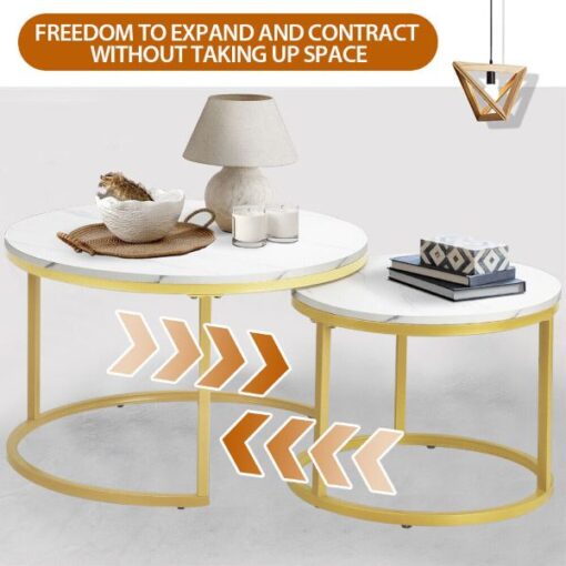 Coffee Table Set Marble look - White, round, Gold Leg - Lightweight - Image 9