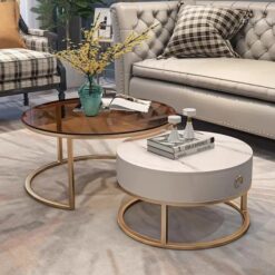 Coffee Table Set with drawer, Gold frame, glass and stone tops - 5starfurniture.co.za
