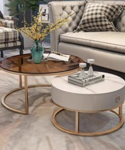 Coffee Table Set with drawer, Gold frame, glass and stone tops - 5starfurniture.co.za