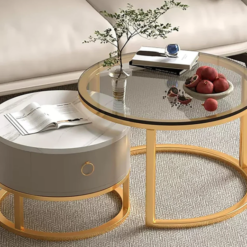Coffee Table Set with drawer, Gold frame, glass and stone tops - 5starfurniture.co.za