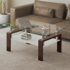 Rectangle glass coffee table with brown legs - Assembled, Durable