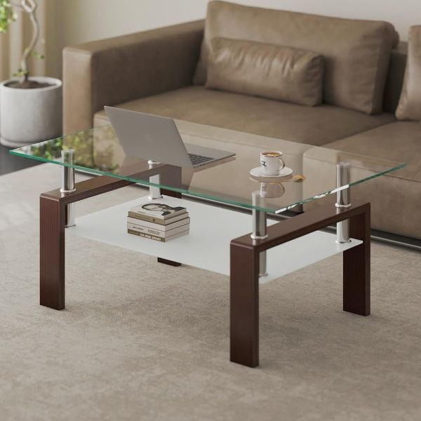 Rectangle glass coffee table with brown legs - Assembled, Durable