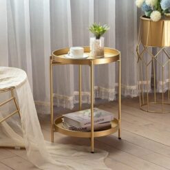 Gold Two-Tier Table round - Metal, Light weight, Rubber feet, Tray - 5starfurniture.co.za