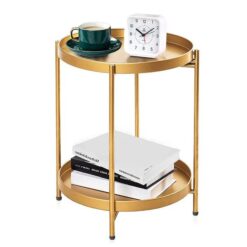 Gold Two-Tier Table round - Metal, Light weight, Rubber feet, Tray - Image 4