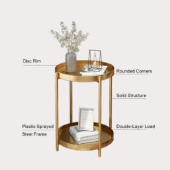 Gold Two-Tier Table round - Metal, Light weight, Rubber feet, Tray - Image 6