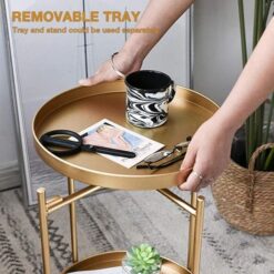 Gold Two-Tier Table round - Metal, Light weight, Rubber feet, Tray - Image 5