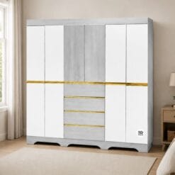 2m-High Raised Wardrobe white-grey-colour-hidden-gold-handles-at-5starfurniture.co.za