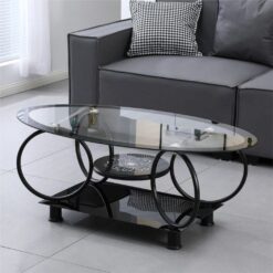 Black oval coffee table, Glass, raised base, decorative circles - 5starfurniture.co.za