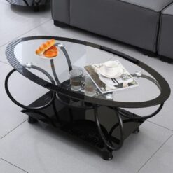 Alternative view of Black oval coffee table, Glass, raised base, round decorative circles