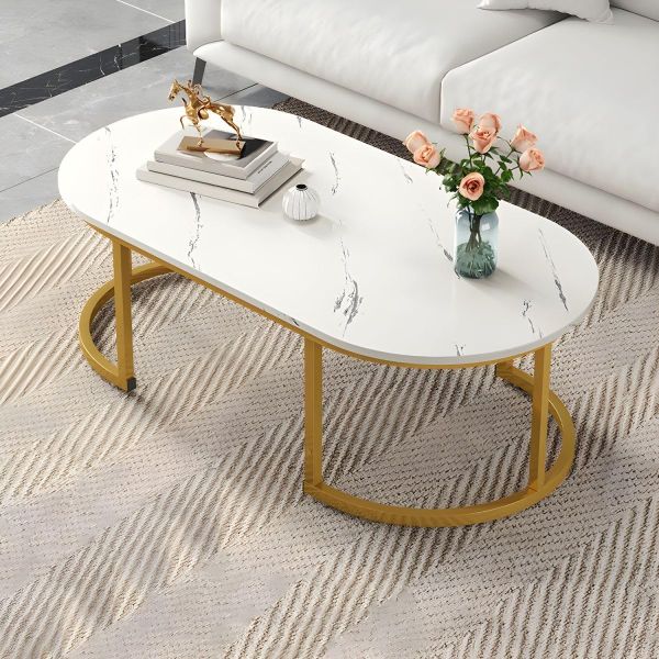 Oval Marble Top Coffee Table - Metal Gold Leg, White, Lightweight - 5starfurniture.co.za