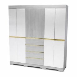 2m High Raised Wardrobe, White grey colour, Hidden gold handles