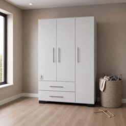 white-closet-with-drawers-three-metal-handles-and-tracks-raised