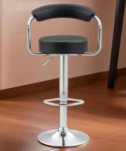 Backrest Adult Bar Stool - Black leather, Adjustable and metal leg