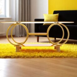 Alternative view of Gold oval coffee table, Glass, raised base, round decorative circles