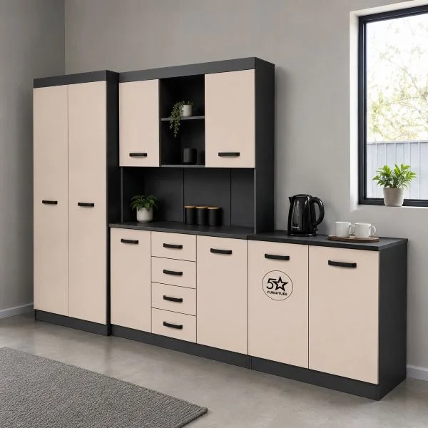 Cream 2.4m kitchen cupboard set with large grocery storage