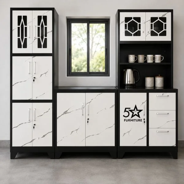 Steel kitchen cupboards 2.4m white with black frame, lockable