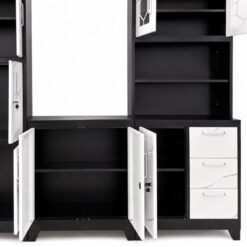 raised-steel-kitchen-cupboards-set-black-and-white-open-doors-at-5star-furniture