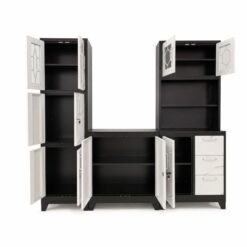 raised-steel-kitchen-cupboards-set-black-and-white-open-doors-at-5star-furniture