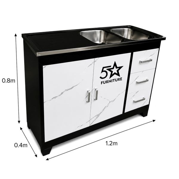 double-sink-on-white-and-black-on-steel-cupboard-at-5starfurniture