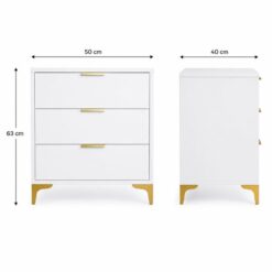 three-drawer-bedside-table-raised-on-gold-legs. measurements