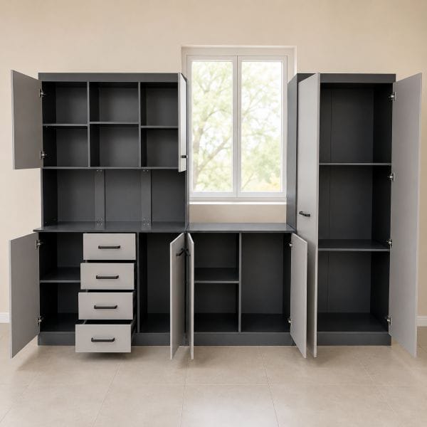 Affordable Grey Kitchen Cupboard Set 2400 mm wide Affordable 3 Affordable Grey Kitchen Cupboard Set 2400 mm wide_open doors
