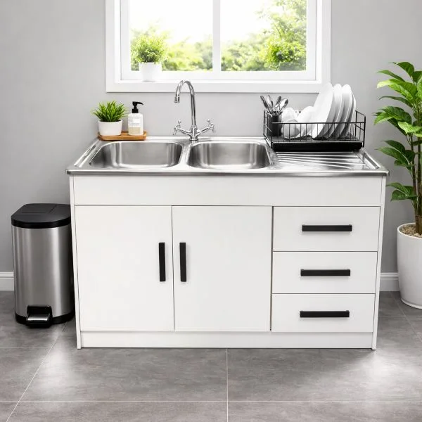 Double Sink with Cupboard 3 Drawers Wood Grey from 5 Star Furniture