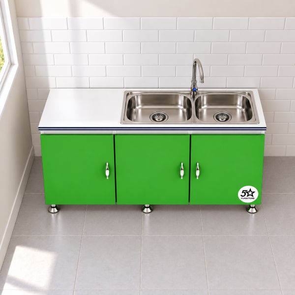 Double-Sink with Green Steel Cupboard 1200 mm Affordable 3 Bright green double-sink kitchen cabinet