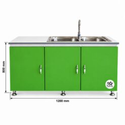 Green sink cabinet with measurement labels