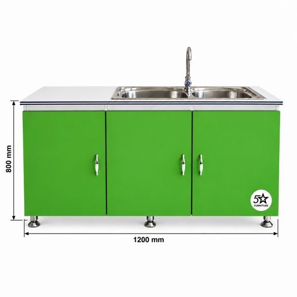 Double-Sink with Green Steel Cupboard 1200 mm Affordable 2 Green sink cabinet with measurement labels