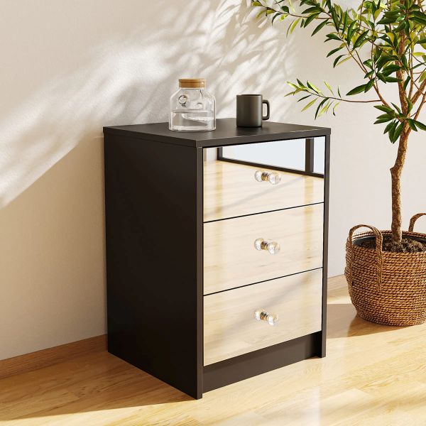 Black Bedside Table Mirror Fronts, Three Storage Drawers - Image 3