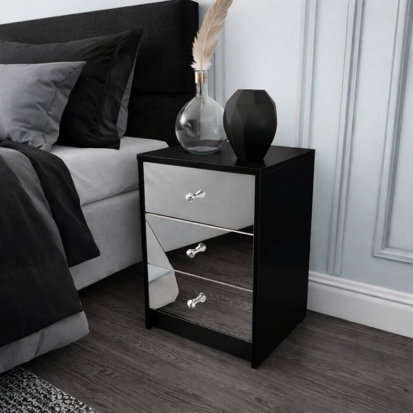 Black Bedside Table Mirror Fronts, Three Storage Drawers - Image 2