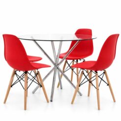 Alternative view of Round Table Dining Set - Four Red Chairs Glass Table, Five pieces