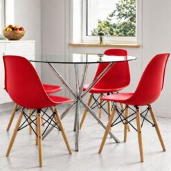 Round Table Dining Set - Four Red Chairs Glass Table, Five pieces at 5starfurniture.co.za