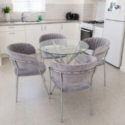Table with Velvet Chairs in grey - Glass Dining set of five pieces - 5starfurniture.co.za