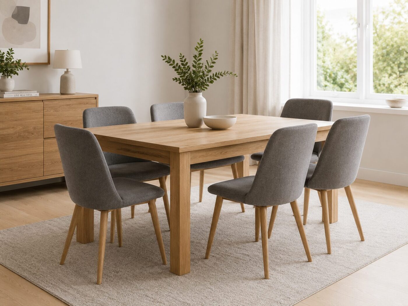Modern dining room with wooden dining table and grey upholstered chairs. Minimalist contemporary design with bright natural lighting.