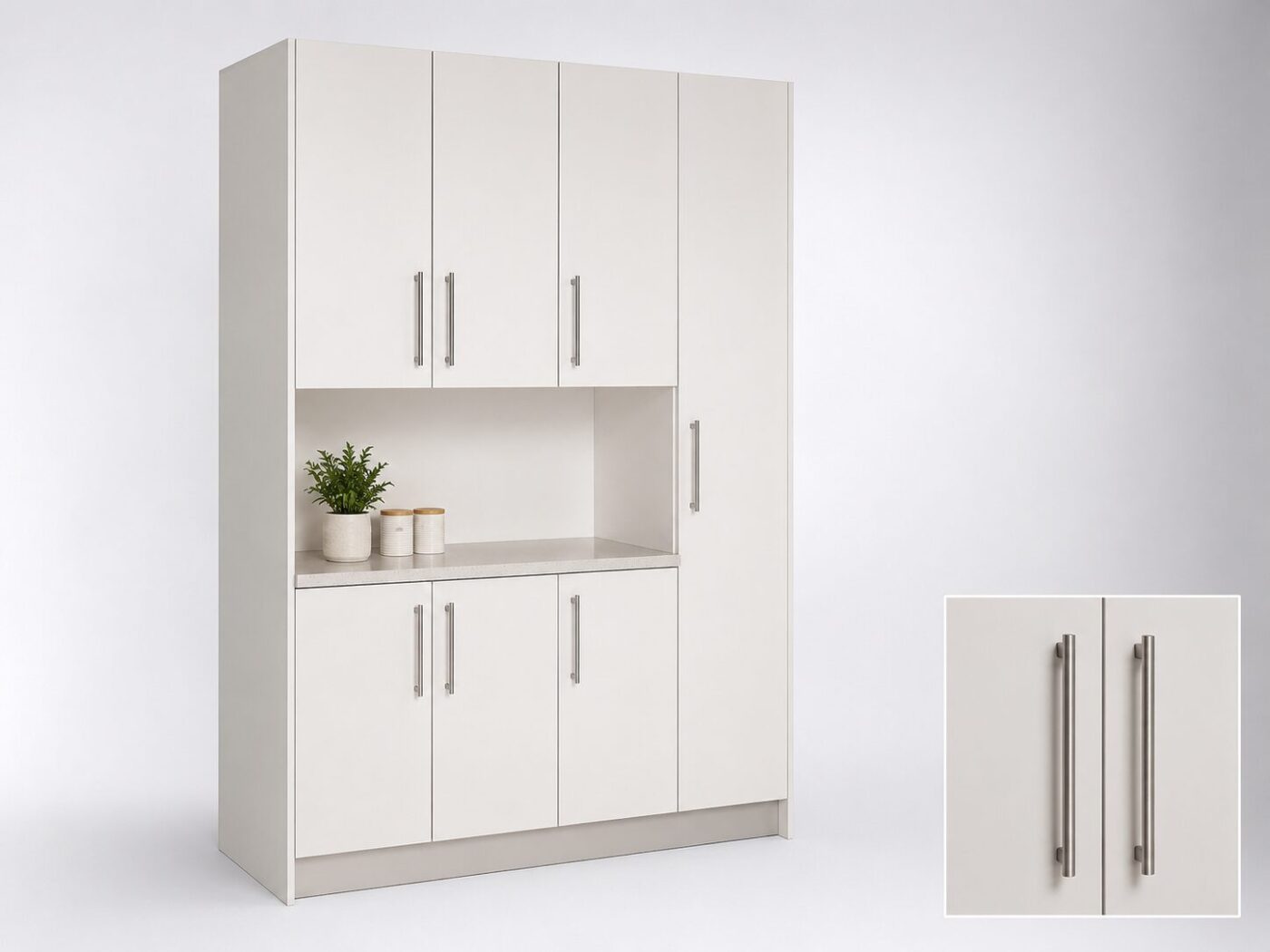 White kitchen cupboard 2.4m tall 1.5m wide with steel handles and clean modern design from 5Star Furniture